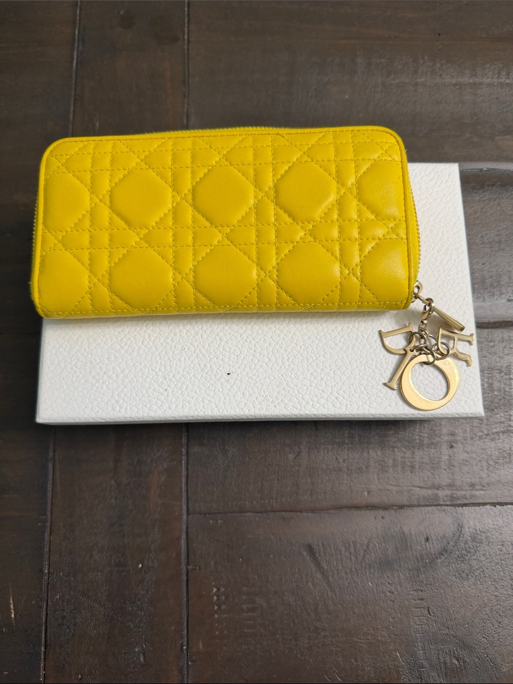 Dior Yellow Quilted Zip Wallet with Gold Hardware